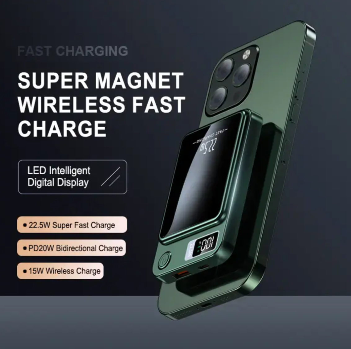 Magnetic Wireless Power Bank – 22.5W Fast Charging, LED Display, Portable Slim Charger